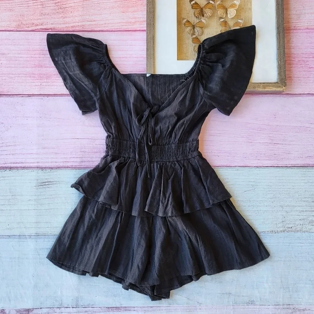 Princess Polly‎ Black A Love Song Layered Ruffle Cotton Romper Playsuit 2US